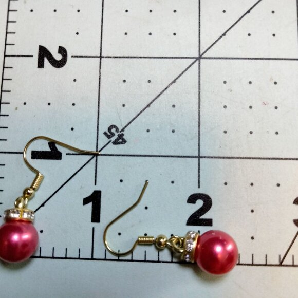 Red Pearl Drop Earrings Christmas Ornament Style - Picture 3 of 4